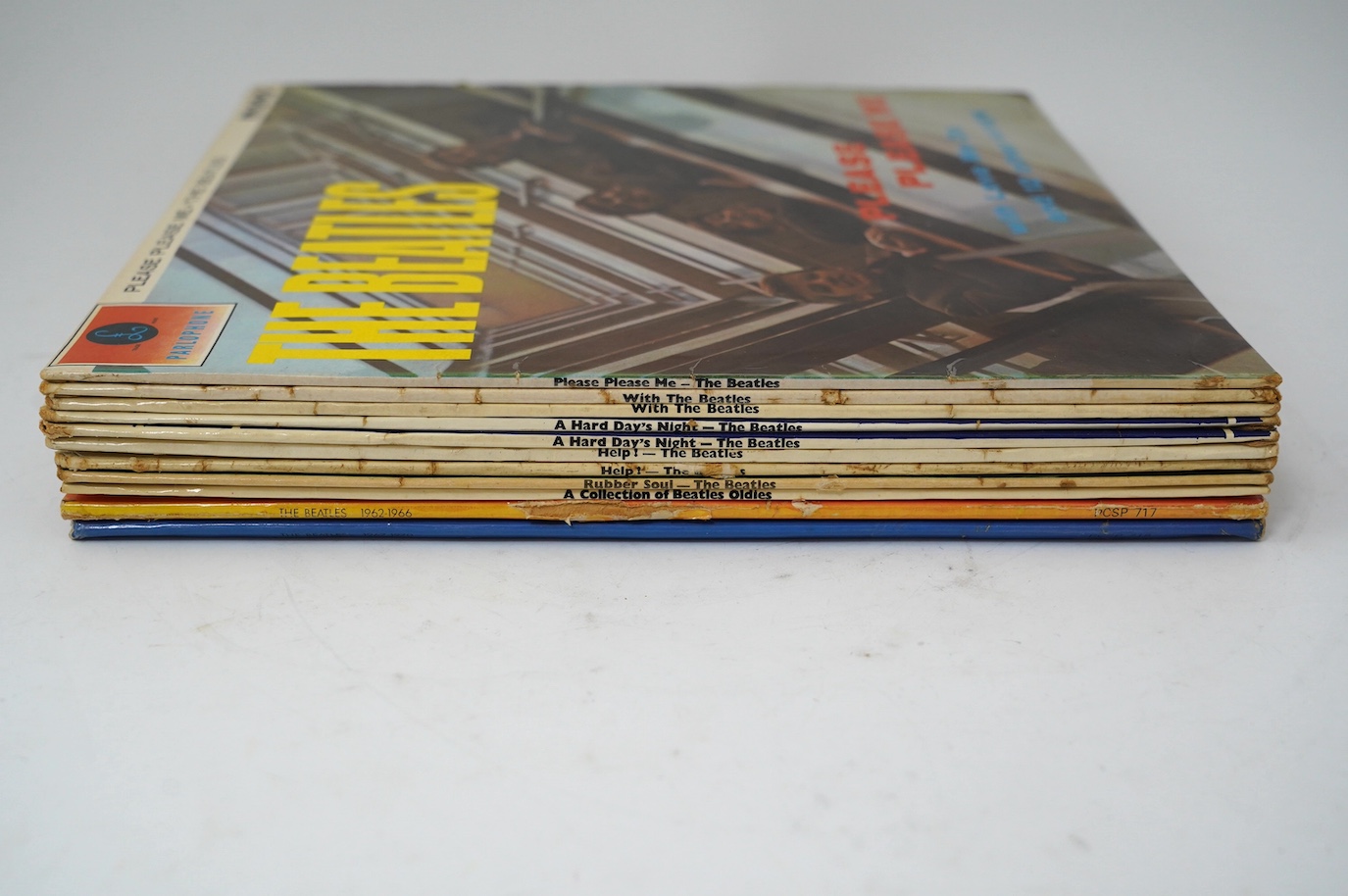 Eleven The Beatles LP record albums; Please Please Me, PMC 1202, XEX.421, two copies of With The Beatles, both PMC 1206, XEX.447, two copies of A Hard Day’s Night, both PMC 1230, XEX.481, two copies of Help!, PMC 1255, X